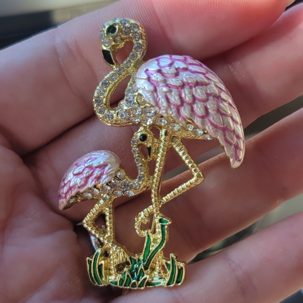 EUC Vintage Elegant Pink Mom and Baby Flamingos Brooch Pin